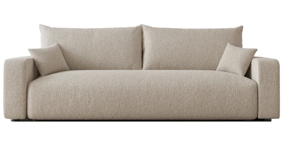 Frontale Ansicht des Design Sofas PIANO in der Größe 246x93 cm aus weichem Cord und Bouclé Stoff, freigestellt auf weißem Hintergrund.