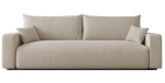 Frontale Ansicht des Design Sofas PIANO in der Größe 246x93 cm aus weichem Cord und Bouclé Stoff, freigestellt auf weißem Hintergrund.