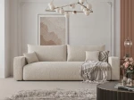 Frontalansicht des Design Sofas PIANO (246x93 cm) mit weichem Cord und Bouclé Bezug, stilvoll arrangiert in einem modernen Wohnzimmer.