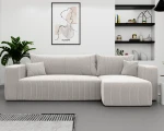 Frontalansicht des Design Ecksofas L-Form PIANO L (248x145 cm) mit weichem Cord und Baltimore Bezug, stilvoll arrangiert in einem modernen Wohnzimmer.
