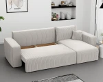 Das ausgeklappte Schlafsofa PIANO L (248x145 cm) aus Cord und Baltimore Stoff mit geöffnetem, integriertem Bettkasten für zusätzlichen Stauraum.
