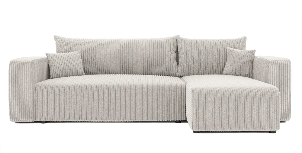 Frontale Ansicht des Design Ecksofas L-Form PIANO L in der Größe 248x145 cm aus weichem Cord und Baltimore Stoff, freigestellt auf weißem Hintergrund.