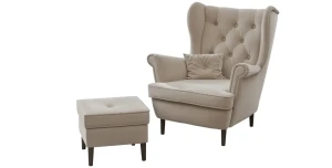 Design Ohrensessel SCANDI – Samt Trinity, Gesteppte Rückenlehne & Holzfüße