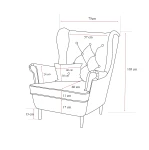 Technische Skizze des Ohrensessels SCANDI und des Hockers, die die genauen Abmessungen für eine optimale Raumplanung im Samt Trinity Design zeigt.