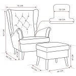 Technische Skizze des Ohrensessels CLASSIC und des Hockers, die die genauen Abmessungen für eine optimale Raumplanung im Samt Trinity Design zeigt.