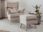 Frontalansicht des Ohrensessel CLASSIC Sets inklusive Hocker mit weichem Samt Trinity Bezug, stilvoll arrangiert in einem modernen Wohnzimmer.