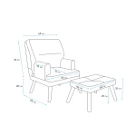 Technische Skizze des Relax-Sessels NEMO und des Hockers, die die genauen Abmessungen für eine optimale Raumplanung im Poso Cord Design zeigt.