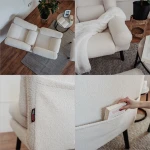 Nahaufnahme der Polsterung des Sessels LILA, welche die gemütliche und feine Textur des Bouclé-Stoffes im Detail präsentiert.