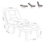 Technische Skizze des Sessels LILA und des Hockers, die die genauen Abmessungen für eine optimale Raumplanung im Bouclé-Design zeigt.