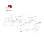 Technische Skizze der Wohnlandschaft BUENO U in U-Form, die die genauen Abmessungen von 318x145 cm für eine optimale Raumplanung im Bouclé-Design zeigt.