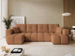 Frontalansicht der Design U-Form Wohnlandschaft BUENO U (318x145 cm) mit weichem Bouclé-Bezug, stilvoll arrangiert in einem modernen