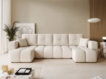 Frontalansicht der Design U-Form Wohnlandschaft BUENO U (318x145 cm) mit weichem Bouclé-Bezug, stilvoll arrangiert in einem modernen Wohnzimmer.