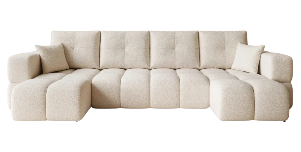 Frontale Ansicht der Design U-Form Wohnlandschaft BUENO U in der Größe 318x145 cm aus weichem Bouclé-Stoff, freigestellt auf weißem Hintergrund.