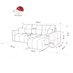 Technische Skizze des Ecksofas BUENO XL in L-Form, die die genauen Abmessungen von 278x145 cm für eine optimale Raumplanung im Bouclé-Design zeigt.