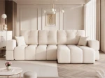 Frontalansicht des Design Ecksofas L-Form BUENO XL (278x145 cm) mit weichem Bouclé-Bezug, stilvoll arrangiert in einem modernen Wohnzimmer.