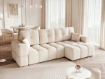 Schräge Ansicht des Design Ecksofas L-Form BUENO XL (278x145 cm) mit weichem Bouclé-Bezug, stilvoll arrangiert und integriert in eine moderne Wohnumgebung.