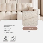 Nahaufnahme der Polsterung des Design Ecksofas BUENO XL (278x145 cm), welche die feine und gemütliche Textur des hochwertigen Bouclé-Stoffes präsentiert.