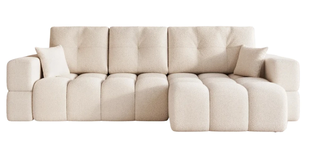 Frontale Ansicht des Design Ecksofas L-Form BUENO XL in der Größe 278x145 cm aus weichem Bouclé-Stoff, freigestellt auf weißem Hintergrund.