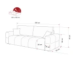 Technische Skizze des Sofas BUENO, die die genauen Abmessungen von 239x91 cm für eine optimale Raumplanung im Bouclé-Design zeigt.