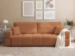 Frontalansicht des modernen Sofas BUENO (239x91 cm) mit weichem Bouclé-Bezug, stilvoll arrangiert in einem modernen Wohnzimmer.