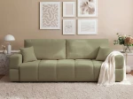 Frontalansicht des modernen Sofas BUENO (239x91 cm) mit weichem Bouclé-Bezug, stilvoll arrangiert in einem modernen Wohnzimmer.
