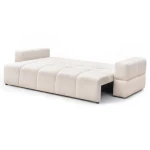 Das Sofa BUENO (239x91 cm) aus Bouclé, hier vollständig ausgeklappt zur praktischen Nutzung als komfortables Schlafsofa.