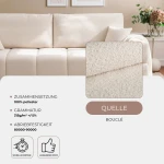 Nahaufnahme der Polsterung des Sofas BUENO (239x91 cm), welche die feine und gemütliche Textur des hochwertigen Bouclé-Stoffes präsentiert.