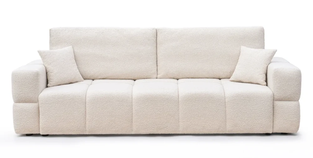 Frontale Ansicht des Sofas BUENO in der Größe 239x91 cm aus weichem Bouclé-Stoff, freigestellt auf weißem Hintergrund.