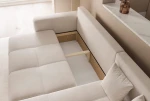 Das ausgeklappte Schlafsofa PEDRO L (248x145 cm) aus Manila Samtstoff mit geöffnetem, integriertem Bettkasten für zusätzlichen Stauraum.