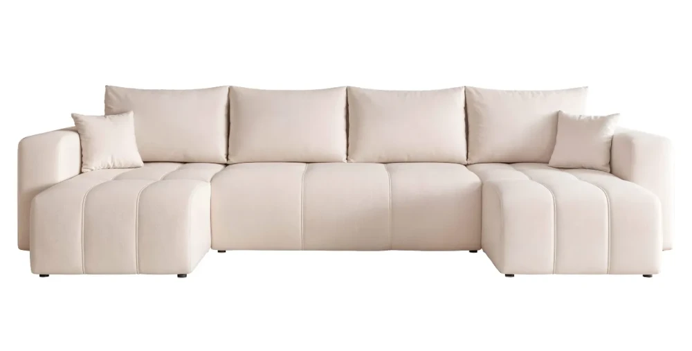 Frontale Ansicht der Wohnlandschaft PEDRO U in der Größe 318x145 cm aus hochwertigem Stoff, freigestellt auf weißem Hintergrund.
