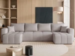 Frontalansicht der U-förmigen Wohnlandschaft PEDRO U (318x145 cm) mit hochwertigem Bezug, stilvoll arrangiert in einem modernen Wohnzimmer.
