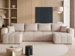 Frontalansicht der U-förmigen Wohnlandschaft PEDRO U (318x145 cm) mit hochwertigem Bezug, stilvoll arrangiert in einem modernen Wohnzimmer.