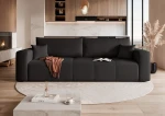 Frontalansicht des modernen Sofas PEDRO (244x93 cm) mit weichem Samtstoff Manila, stilvoll arrangiert in einem modernen Wohnzimmer.