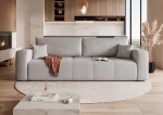 Frontalansicht des modernen Sofas PEDRO (244x93 cm) mit weichem Samtstoff Manila, stilvoll arrangiert in einem modernen Wohnzimmer.