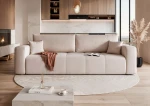 Frontalansicht des modernen Sofas PEDRO (244x93 cm) mit weichem Samtstoff Manila, stilvoll arrangiert in einem modernen Wohnzimmer.
