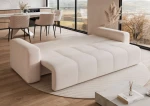 Das Sofa PEDRO (244x93 cm) aus Samtstoff Manila, hier vollständig ausgeklappt zur praktischen Nutzung als komfortables Schlafsofa.