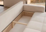 Das ausgeklappte Schlafsofa PEDRO (244x93 cm) aus Manila Samtstoff mit geöffnetem, integriertem Bettkasten für zusätzlichen Stauraum.