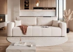 Frontalansicht des modernen Sofas PEDRO (244x93 cm) mit weichem Samtstoff Manila, stilvoll arrangiert in einem modernen Wohnzimmer.