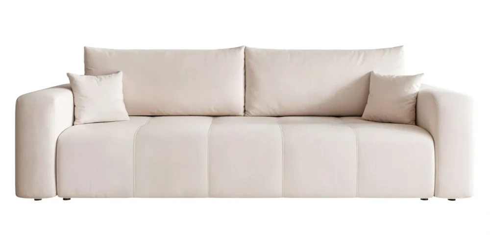 Frontale Ansicht des Sofas PEDRO in der Größe 244x93 cm aus weichem Samtstoff Manila, freigestellt auf weißem Hintergrund.