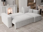 Das Ecksofa PARIS L (244x145 cm) aus Cord und Bouclé, hier vollständig ausgeklappt zur praktischen Nutzung als komfortables Schlafsofa.