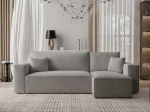 Frontalansicht des Ecksofas PARIS L (244x145 cm) mit einem eleganten Bezug aus Cord und Bouclé, stilvoll arrangiert in einem modernen Wohnzimmer.