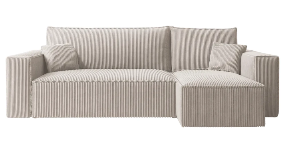 Frontale Ansicht des Ecksofas PARIS L in der Größe 244x145 cm aus weichem Cord und Bouclé Stoff, freigestellt auf weißem Hintergrund.