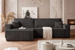 Frontalansicht des Ecksofas PARIS XL (276x145 cm) mit weichem Poso Cordstoff, stilvoll arrangiert in einem modernen Wohnzimmer.