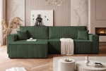 Frontalansicht des Ecksofas PARIS XL (276x145 cm) mit weichem Poso Cordstoff, stilvoll arrangiert in einem modernen Wohnzimmer.