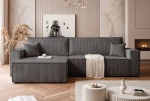 Frontalansicht des Ecksofas PARIS XL (276x145 cm) mit weichem Poso Cordstoff, stilvoll arrangiert in einem modernen Wohnzimmer.
