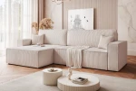 Schräge Ansicht des Ecksofas PARIS XL (276x145 cm) mit weichem Poso Cordstoff, stilvoll arrangiert und harmonisch integriert in eine gemütliche Wohnumgebung.