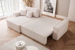 Das Ecksofa PARIS XL (276x145 cm) aus Cordstoff Poso, hier vollständig ausgeklappt zur praktischen Nutzung als komfortables Schlafsofa.