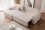 Das ausgeklappte Schlafsofa PARIS XL (276x145 cm) aus Poso Cordstoff mit geöffnetem, integriertem Bettkasten für zusätzlichen Stauraum.