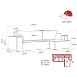 Technische Skizze des Ecksofas PARIS XL, die die genauen Abmessungen von 276x145 cm für eine optimale Raumplanung im Poso Cord Design zeigt.