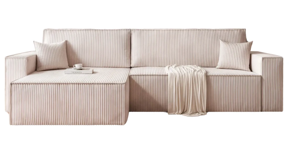Frontale Ansicht des Ecksofas PARIS XL in der Größe 276x145 cm aus weichem Cordstoff Poso, freigestellt auf weißem Hintergrund.